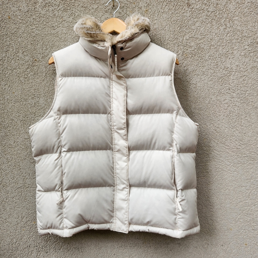 L.L. Bean Cream Puffer Vest with Faux Fur Trim